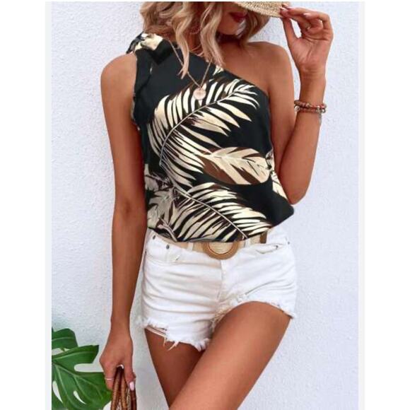 Tropical Hawaiian One Shoulder Women's Blouse Top - Picture 1 of 6